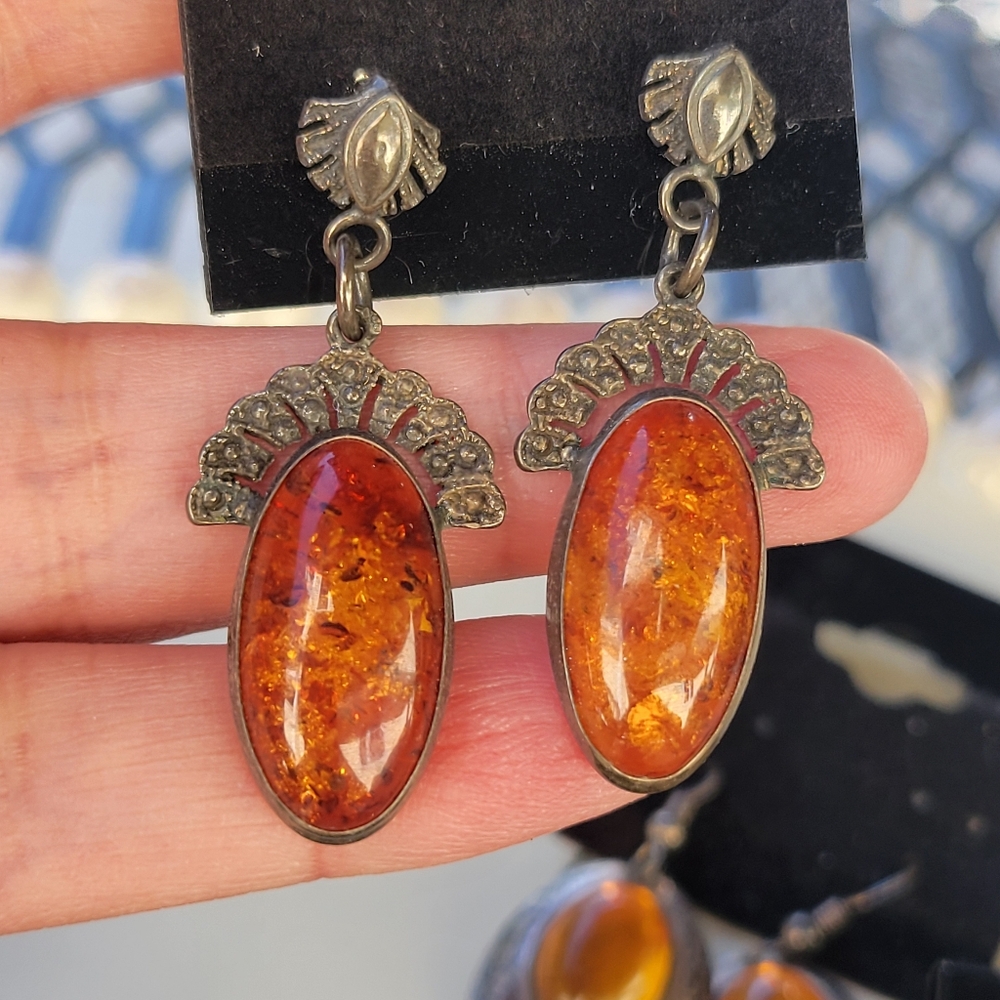 9 Pairs Sterling Vintage Amber Earrings Lot Bundle Estate Set - Picture 6 of 12
